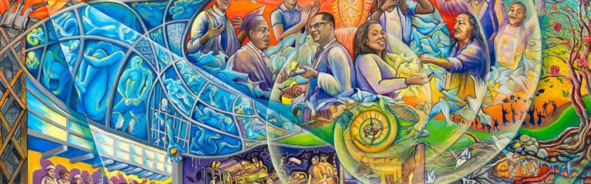 Mural depicting multiple scenes of  incarceration, doves of peace, education